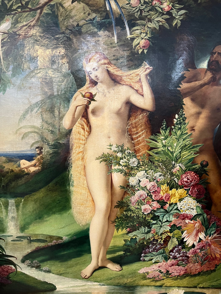 A LARGE ANTIQUE OIL ON CANVAS DEPICTING BIBLICAL ADAM AND EVE