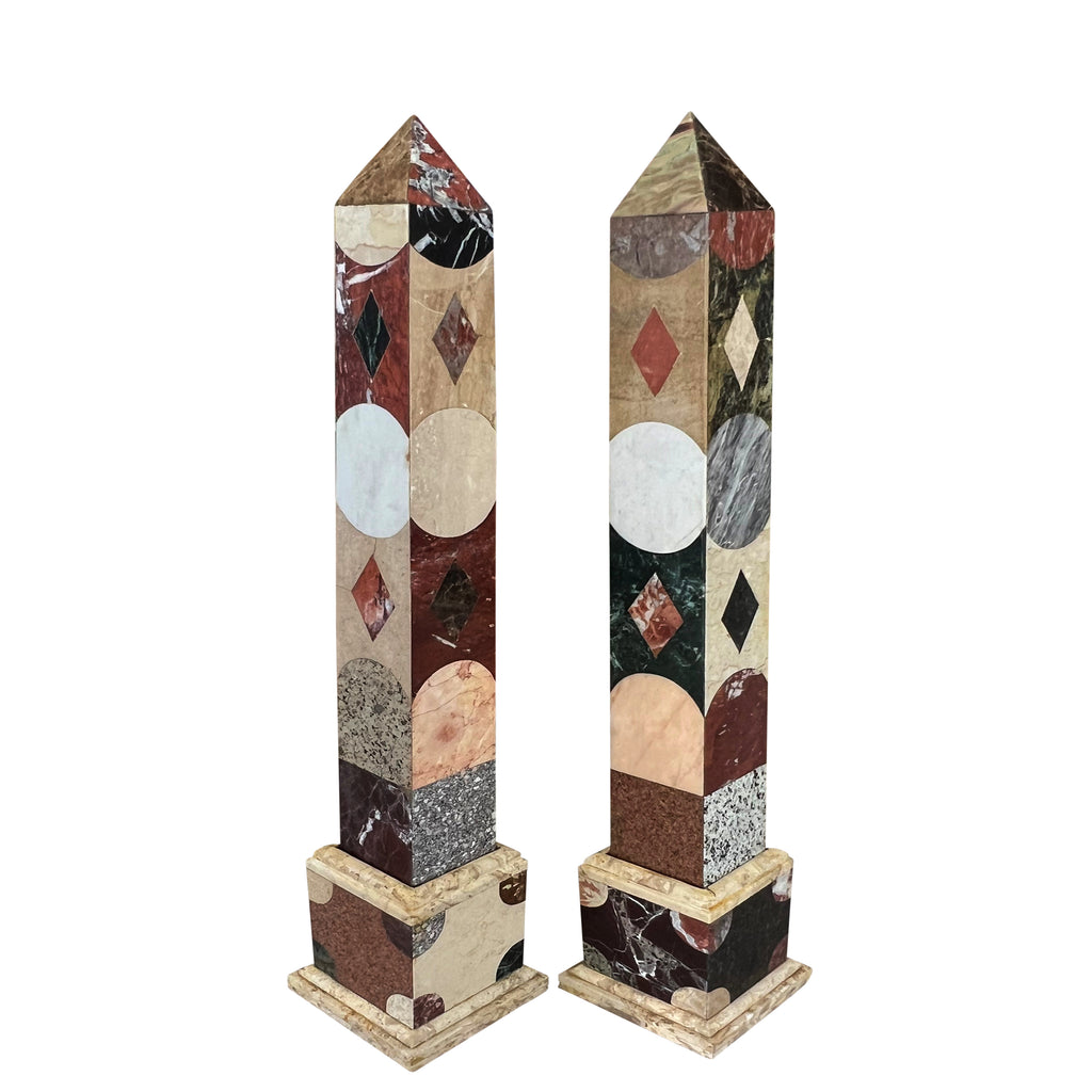 A Large Vintage Pair of Grand Tour Style Marble Inlaid Obelisks, 1970