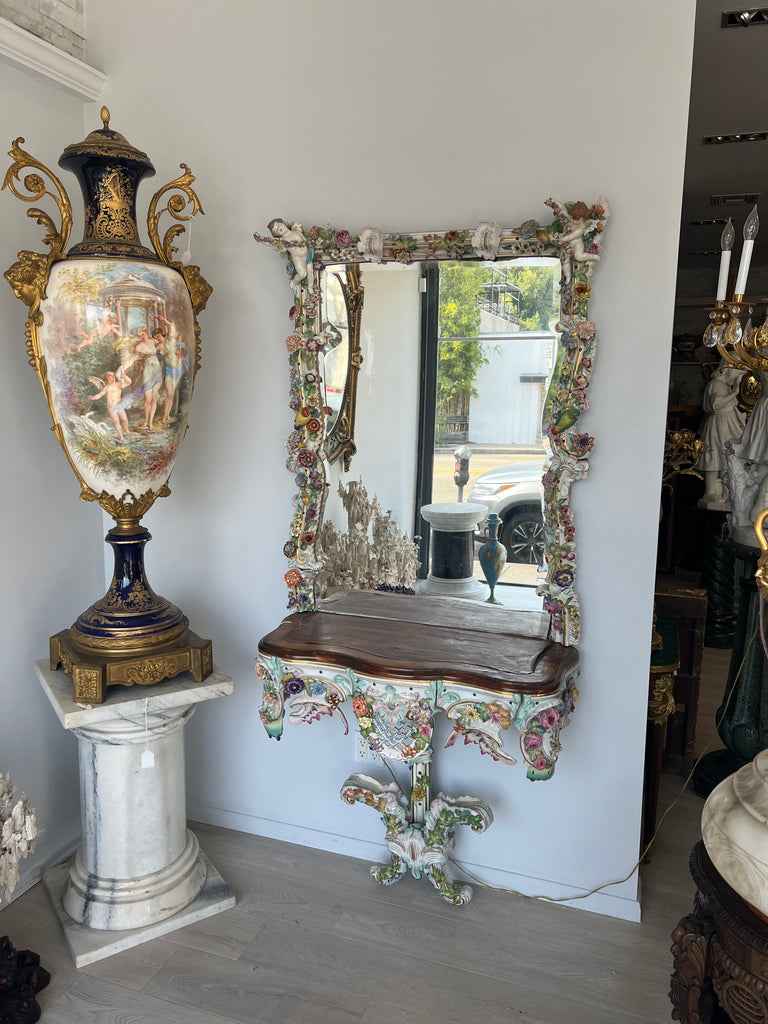 GERMAN PORCELAIN FLOWER-ENCRUSTED PORCELAIN MIRROR AND CONSOLE TABLE, EARLY 20TH CENTURY
