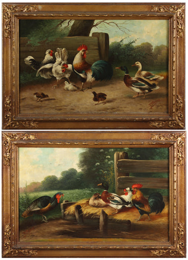 Pair of Oil on Canvas Paintings Depicting chickens and ducks