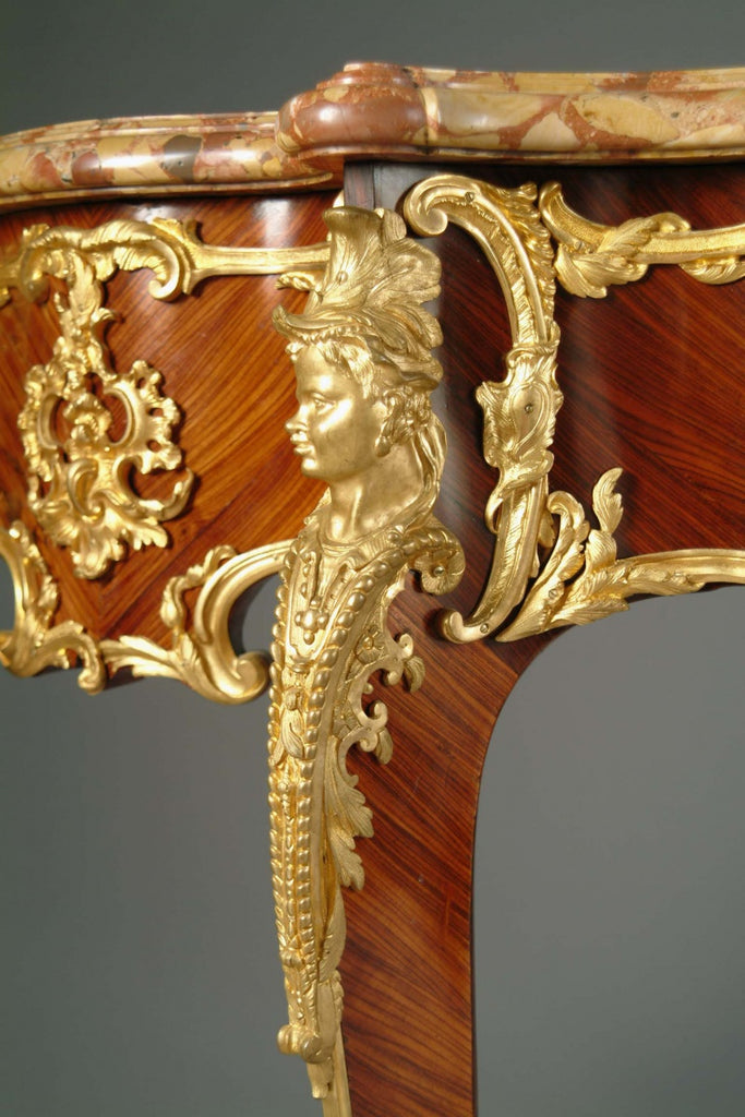 A FRENCH LOUIS XV STYLE ORMOLU MOUNTED KING-WOOD CONSOLE TABLE