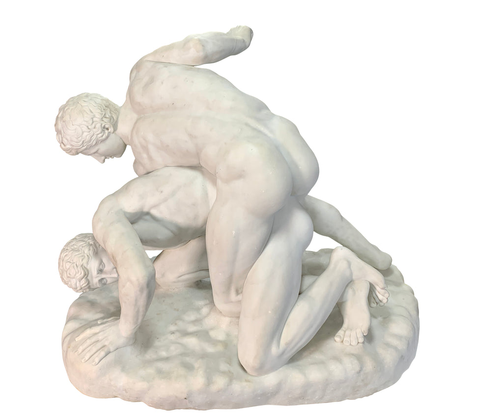 ITALIAN LIFE-SIZE WHITE MARBLE GROUP TITLED 'THE WRESTLERS' AFTER ANTONIO FRILLI