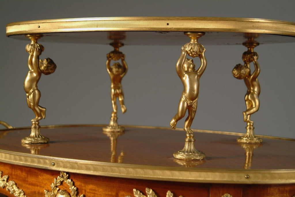 FRENCH LOUIS XVI STYLE ORMOLU MOUNTED TWO-TIER TEA TABLE