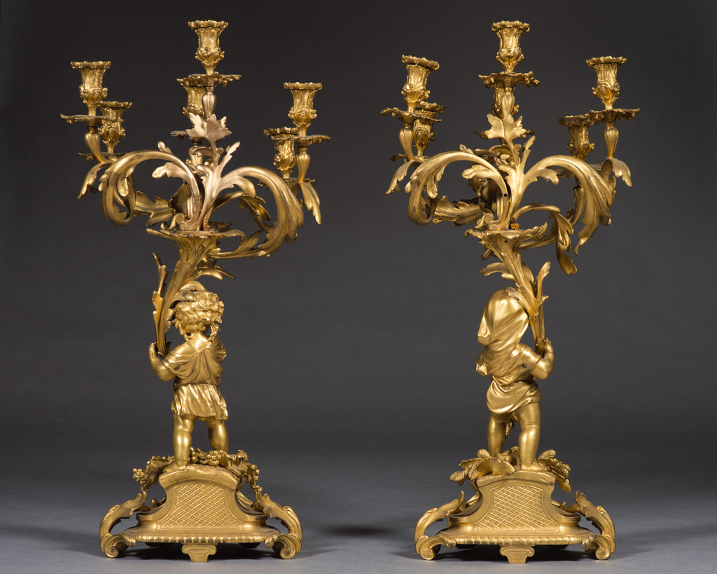 FRENCH LOUIS XV STYLE ORMOLU BRONZE FIGURAL CANDELABRAS BY VICTOR RAULIN