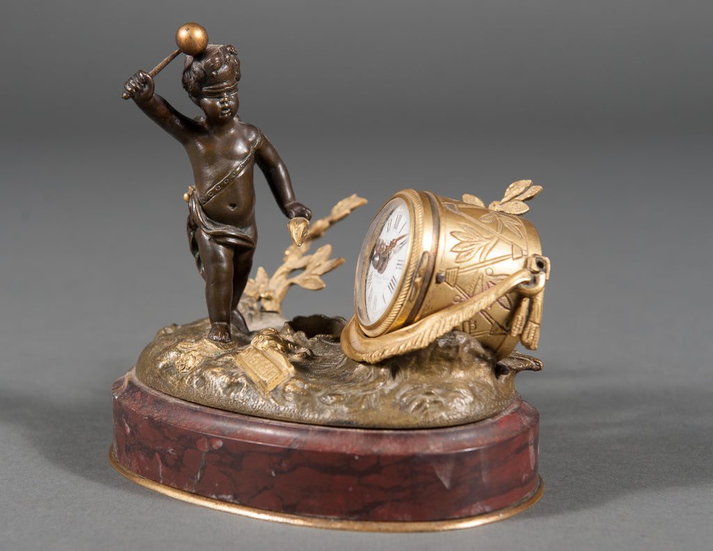 A 19th Century French Gilt Bronze & Rouge Marble Desk Clock / inkwell