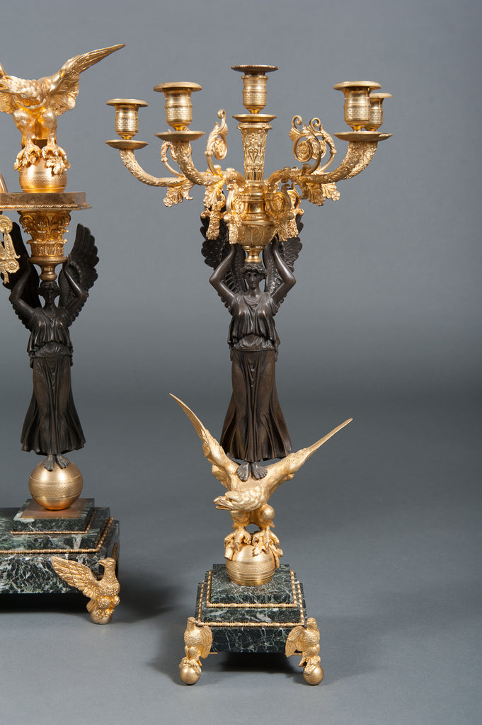 A VERY FINE FRENCH EMPIRE STYLE ORMOLU BRONZE AND MARBLE GARNITURE SET, MID 19TH CENTURY