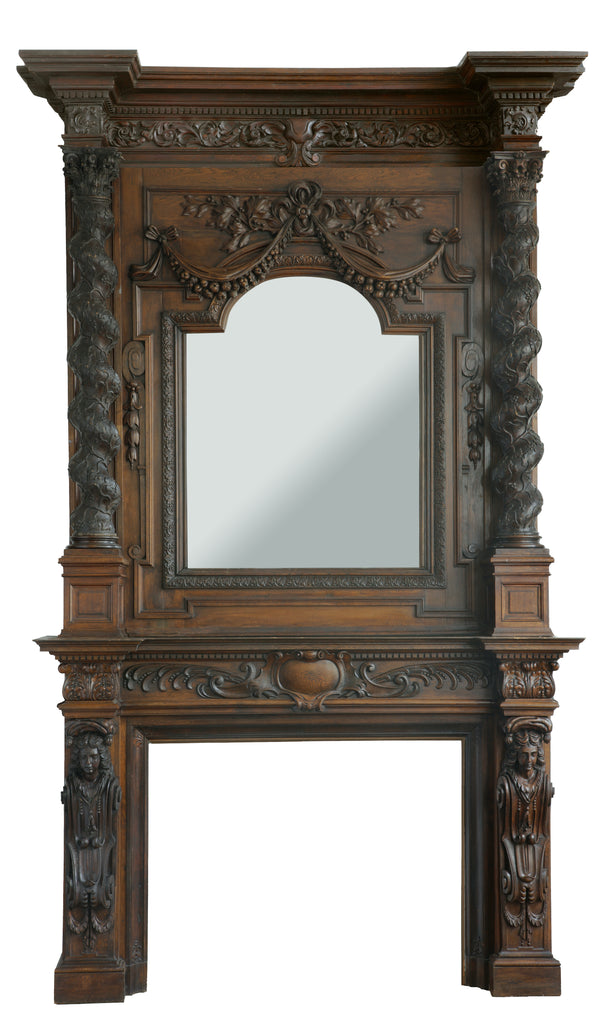 A PALATIAL ANTIQUE FRENCH FIGURAL WALNUT & OAK CARVED FIREPLACE