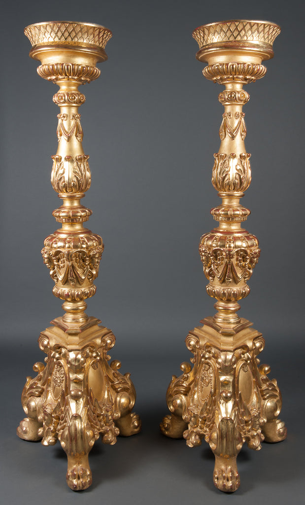A PAIR OF LARGE ANTIQUE ITALIAN GILT WOOD NEOCLASSICAL TORCHERES