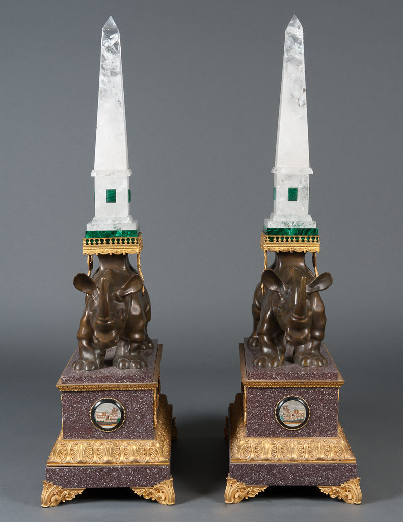 A STUNNING PAIR OF ROCK CRYSTAL MALACHITE AND BRONZE SCULPTURES