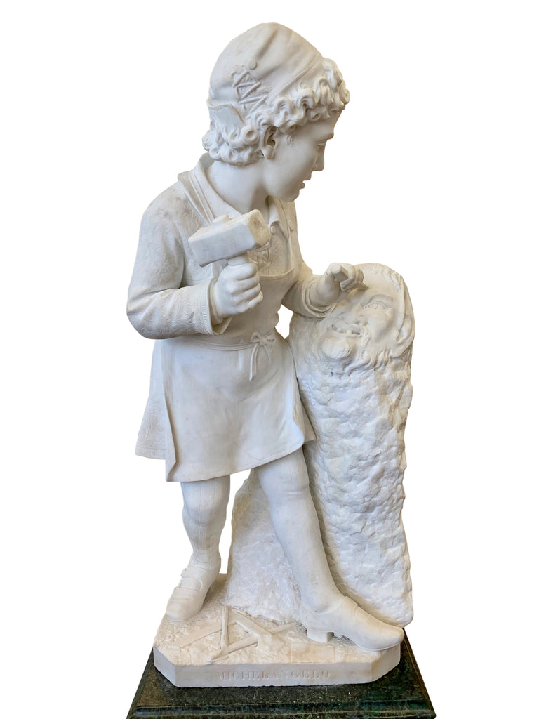 ITALIAN CARRARA MARBLE FIGURE OF 'YOUNG MICHELANGELO' BY PIETRO BAZZANTI FLORENCE