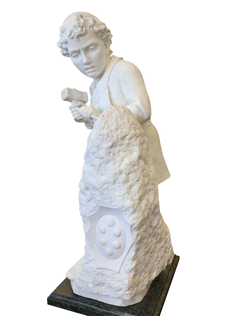 ITALIAN CARRARA MARBLE FIGURE OF 'YOUNG MICHELANGELO' BY PIETRO BAZZANTI FLORENCE
