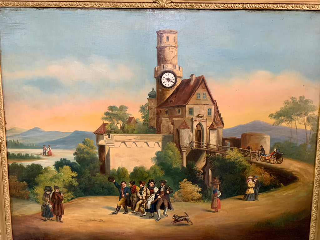 A 19TH CENTURY BELGIAN OIL ON CANVAS PICTURE CLOCK