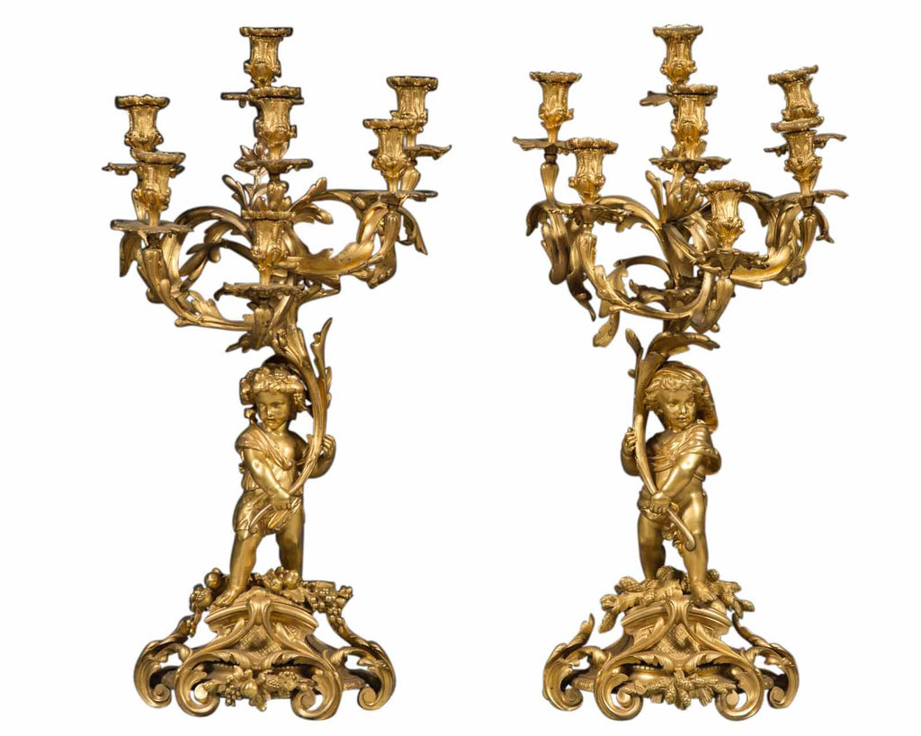 FRENCH LOUIS XV STYLE ORMOLU BRONZE FIGURAL CANDELABRAS BY VICTOR RAULIN