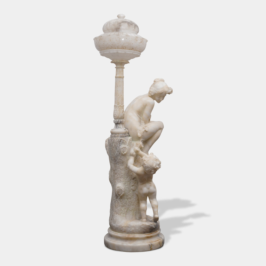 PAIR OF LARGE ITALIAN CARVED ALABASTER FIGURAL LAMPS AND PEDESTALS, CIRCA 1890