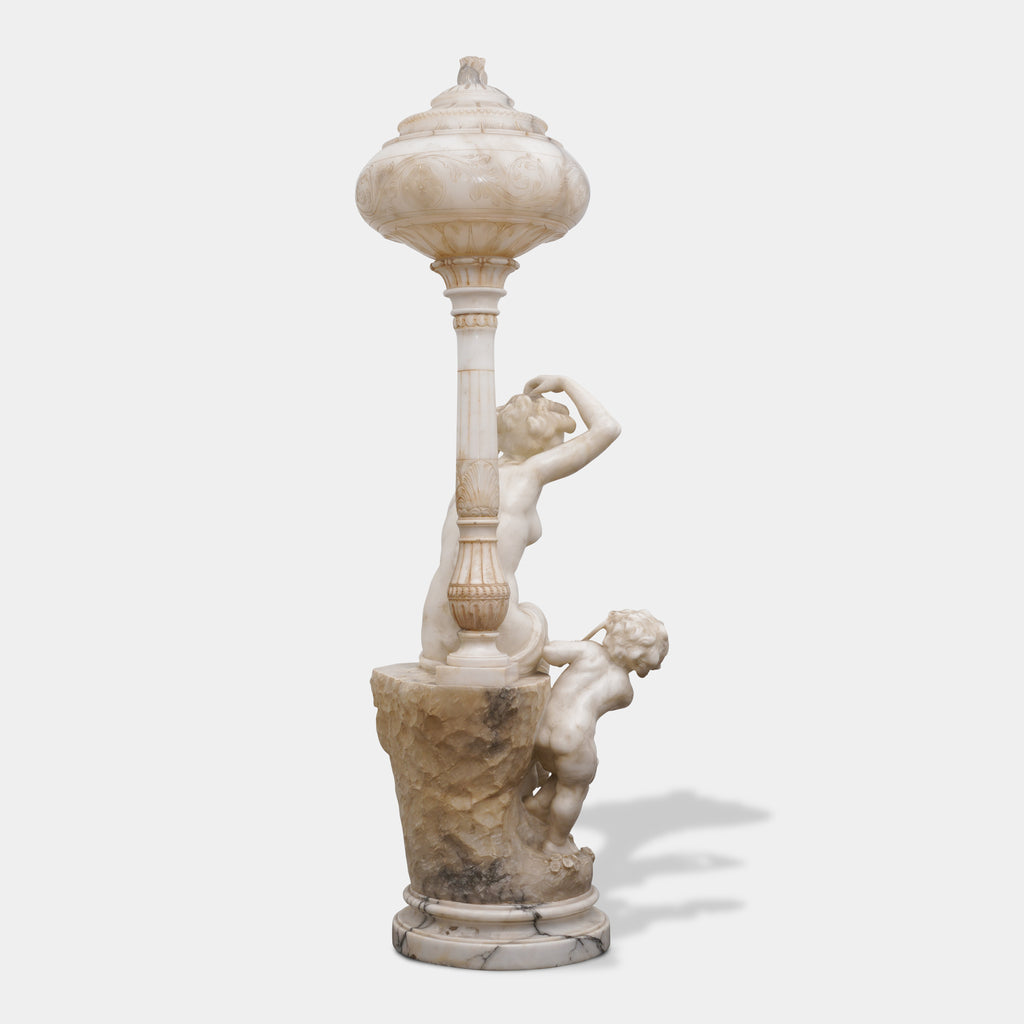 PAIR OF LARGE ITALIAN CARVED ALABASTER FIGURAL LAMPS AND PEDESTALS, CIRCA 1890