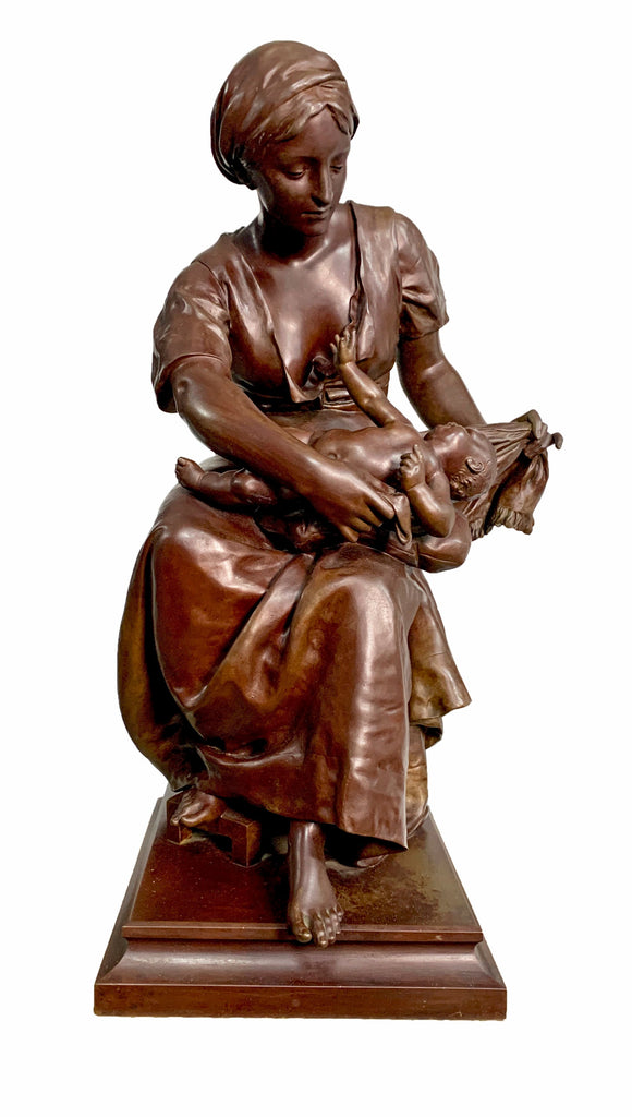 19th century French bronze figural group depicting a mother and child by Detrier