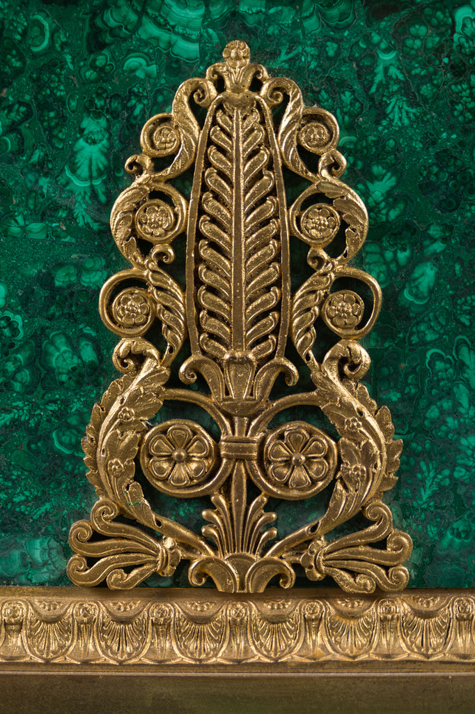 A PALATIAL PATINATED BRONZE & MALACHITE MANTEL CLOCK OF CUPID AND PSYCHE