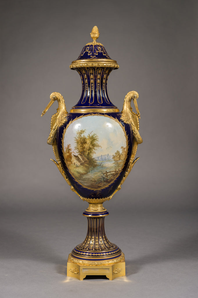 LARGE SEVRES STYLE ORMOLU MOUNTED COVERED VASE, CIRCA 1860