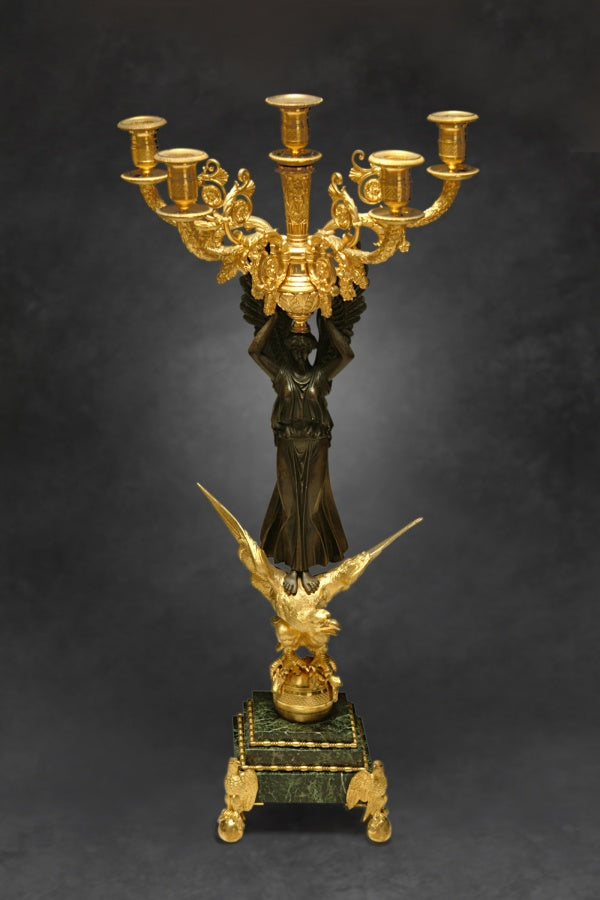 A VERY FINE FRENCH EMPIRE STYLE ORMOLU BRONZE AND MARBLE GARNITURE SET, MID 19TH CENTURY