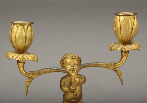 PAIR OF FRENCH GILT BRONZE AND MARBLE CANDLE HOLDERS, CIRCA 1900