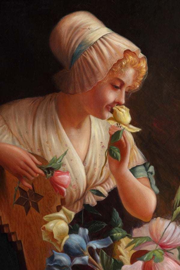 ANTIQUE ITALIAN OIL ON CANVAS DEPICTING A LADY WITH FLOWERS BY CORONELLI