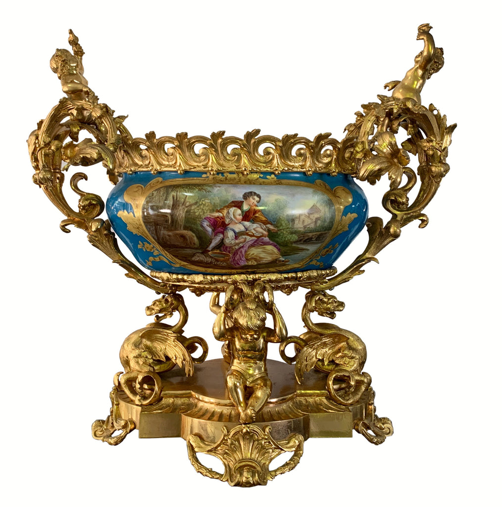 A FRENCH ANTIQUE SEVRES STYLE PORCELAIN ORMOLU MOUNTED CENTERPIECE, 19TH CENTURY