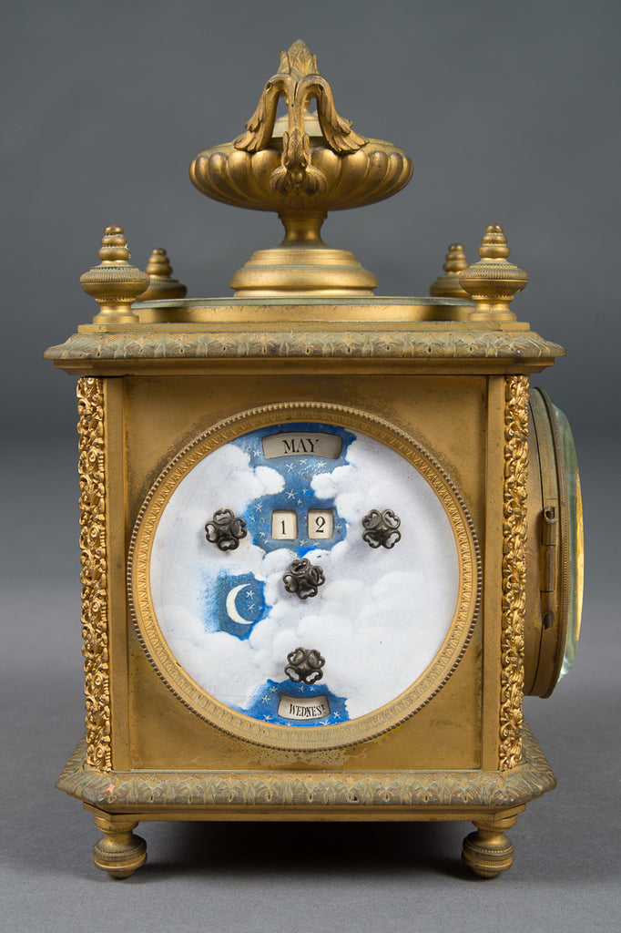 FRENCH GILT BRONZE FOUR FACE CLOCK, DATE, THERMOMETER & BAROMETER BY JEAN VINCENTI ET CIE