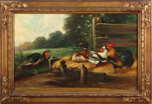 Pair of Oil on Canvas Paintings Depicting chickens and ducks